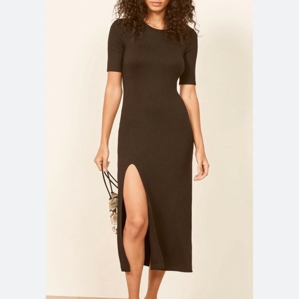Reformation Black Olympia Ribbed MIDI Dress